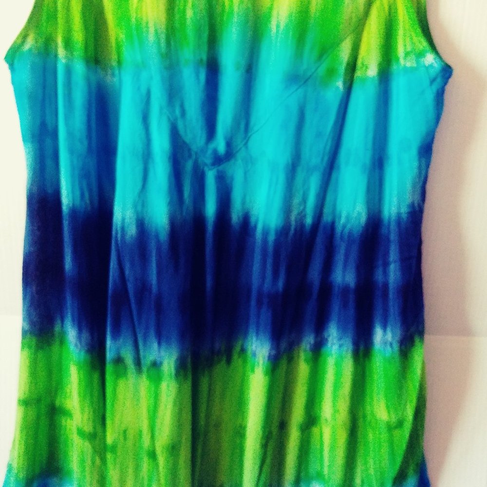 Three-tone green sleeveless sundresses blue and green  free size